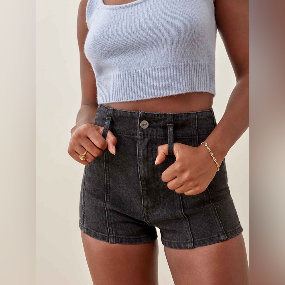 Reformation Eva Seamed High Rise Cheeky Jean Shorts Wash Havana 26